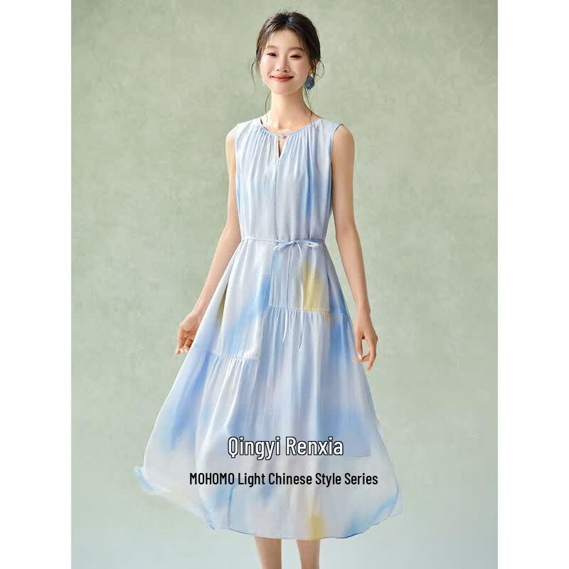 Flowy Sleeveless Tie-Waist A-Line Midi Dress M синий
