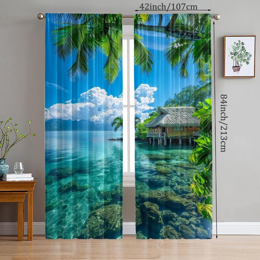 Sea-view Room Printed Curtains, Pole Bag Curtains, Christmas Decorations, Daily Home Decorations, Room Decorations