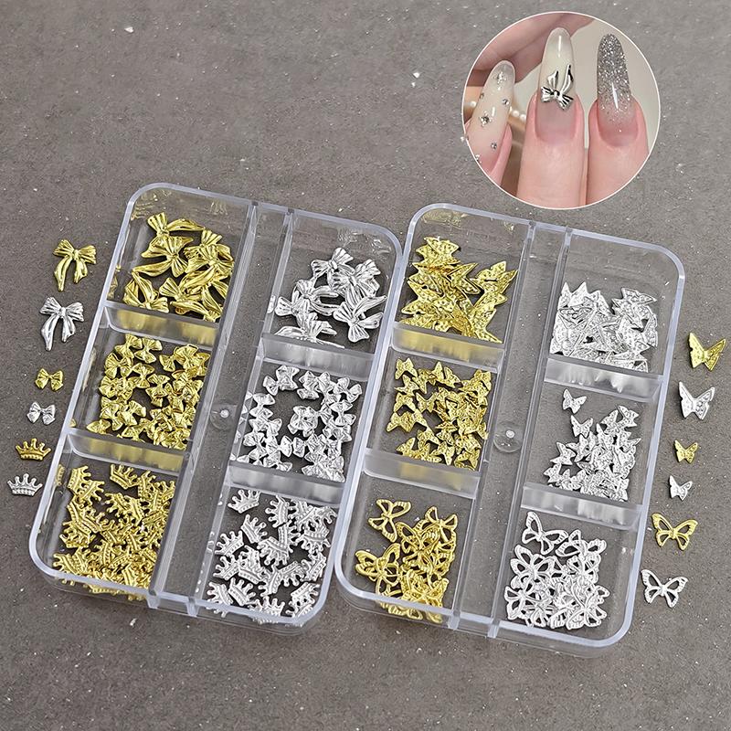 6/12Grids Metal Bow Nail Art Charm Gold Silver 3D Star/Cross Nail Rivet Starlight Nail Decoration Parts Diy Manicure Accessories