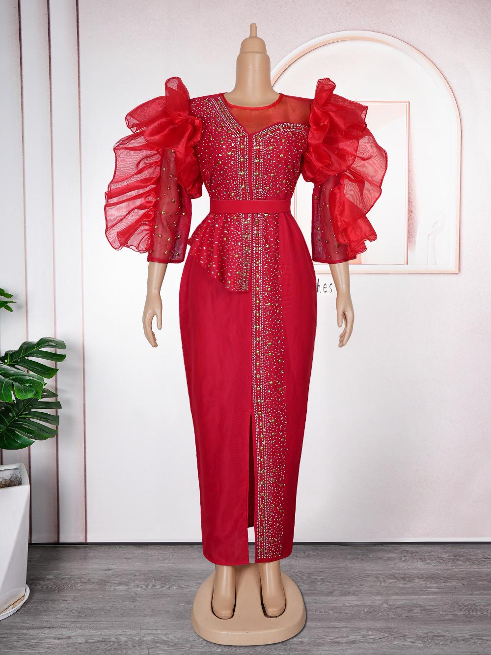 

Африканська жіноча вечірня банкетна сукня великого розміру - Модна облягаюча модель 2XL червоний