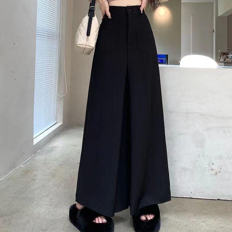 

Women s High Waist Black Wide Leg Pants - Korean Style, Floor Length, Loose Fit, Perfect for Spring and Autumn. L чёрный