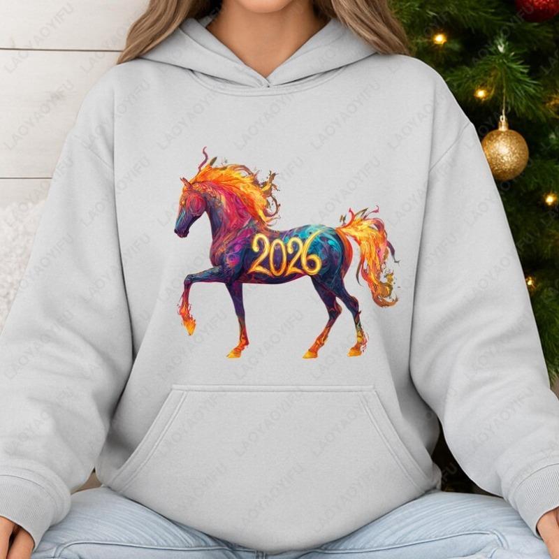 Fiery Horse 2026 Hoodie Vibrant Zodiac Art Gift Drop Shoulder Sweatshirt  Woman Vintage Fashion 2026 New Year Winter Hoodies