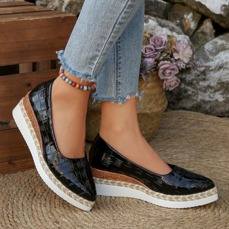 Casual Wedge Heel Pumps Women 2025 Summer Pointed Toe Medium Heel Non Slip Loafer Pumps Comfortable Soft Hemp Sole Shoes Women