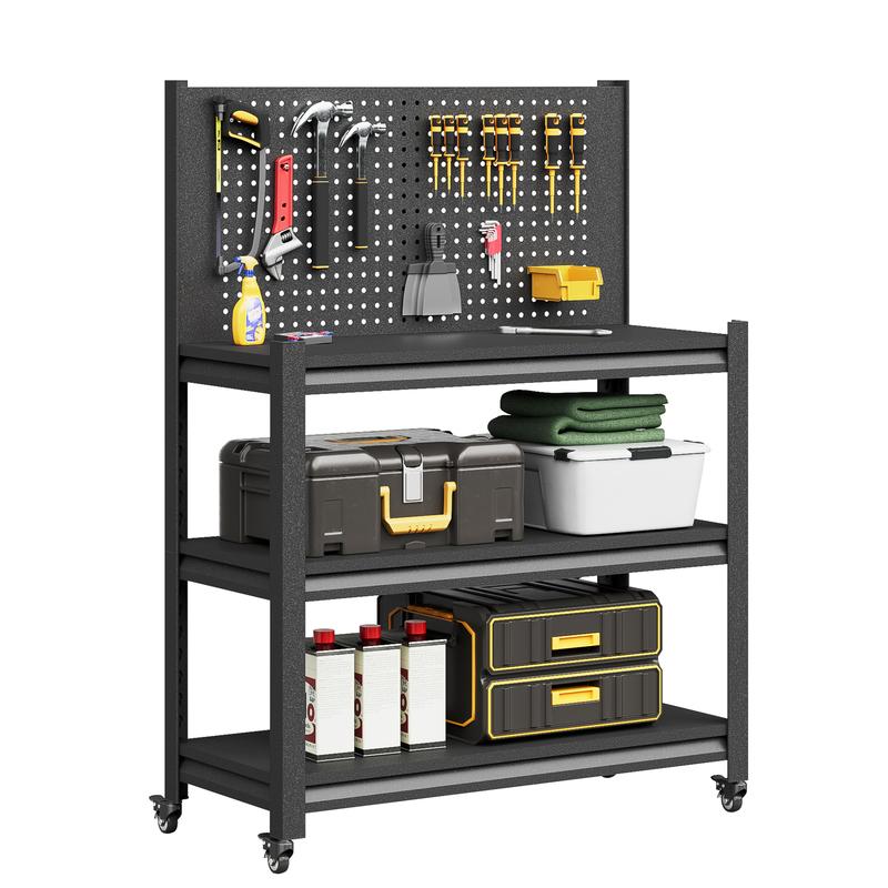 Tool Storage Workbench Rolling Shelving Steel Tool Rack Garage Shelves/ Pegboard