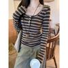 Women's Korean Style Cashmere Slim Fit Button-Up Striped U-Neck Long Sleeve T-Shirt for Spring, Autumn, Winter