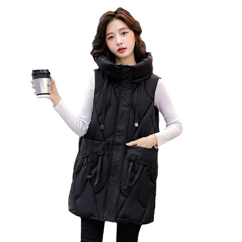 Daunenweste Damen mittel und lang Herbst und Winter große Größe Slim Fit Kapuzenweste Weste verdickter Baumwollmantel