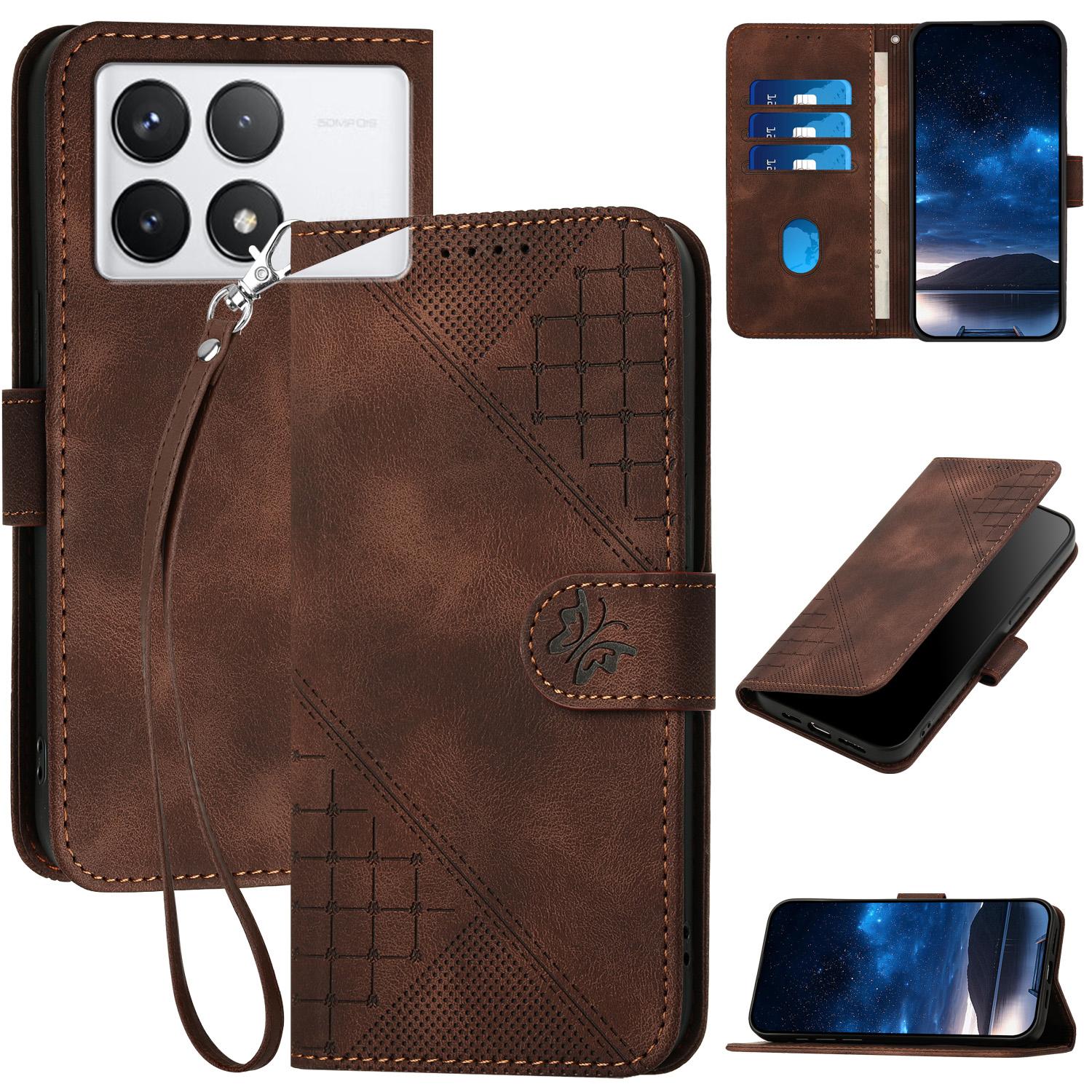 

For Xiaomi Poco X6 Pro 5G/Redmi K70E 5G Leather Wallet Case Butterfly Flower Imprinted Phone Cover with Strap Brown