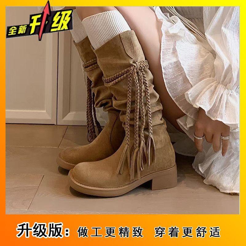 Retro Tassel High Tube But Knee Stacking Boots Women's Fashion Thick Heel Women's Long Tube Boots Spring and Autumn 2025 New Models