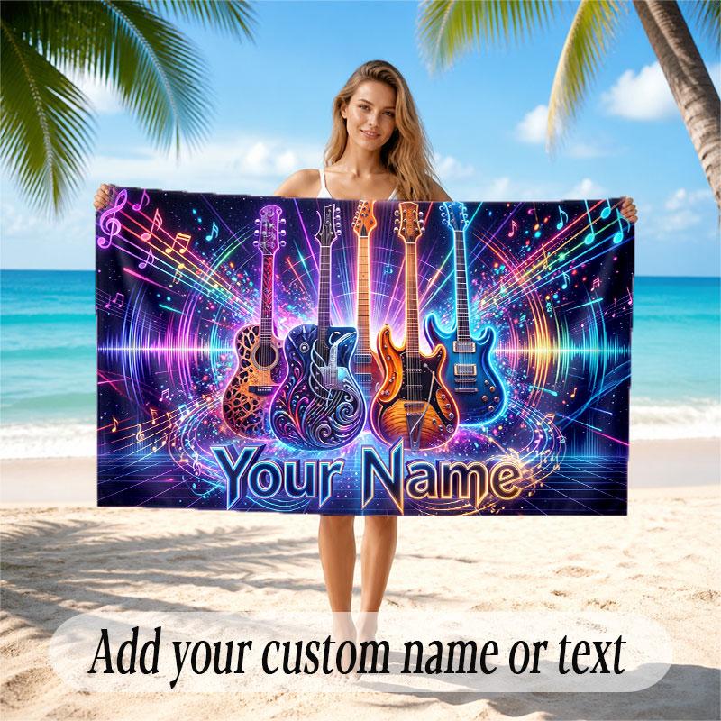 Music Guitar Theme Beach Towel Personalized Custom Name & Text Soft Quick Dry Beach Towel for Swimming Travel