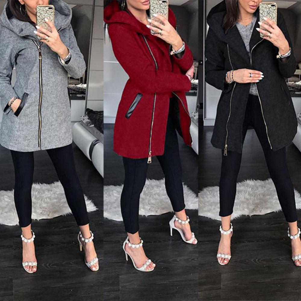 Autumn Winter Fashion Women Coat Solid Color Zip Up Long Sleeve Hooded Jacket Coat Outerwear Long Section Women's Coat