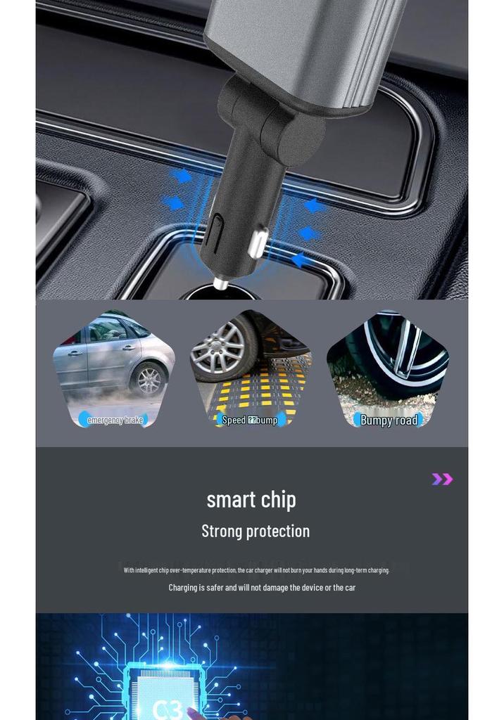 Retractable Four-in-One Car Charger with Starry Sky Light & Alloy Finish for Apple & Huawei