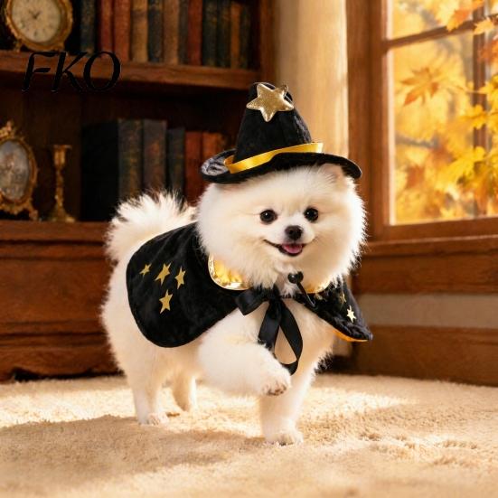 Halloween Wizard Cloak for Pets 1 Set Cat Witch Costume, Black Cape And Hat, Moon Costume Star Pointed Hat Cats Small Medium Dogs Festive