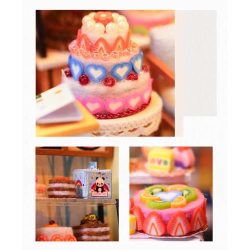 Moin Moin 1/24 Scale Dollhouse Miniature DIY Kit Set Featuring a Cafe, a Yellow Coffee Shop with Colorful Cakes, LED Light and Acrylic Case (product N