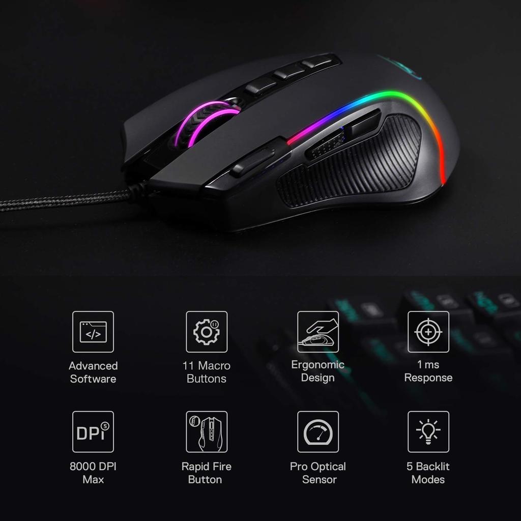 Mysz gamingowa Redragon M612 Predator RGB, 8000 DPI Przewodowa Optyczna Mysz dla Graczy z 11 Programowalnymi Przyciskami i 5 Trybami Podświetlenia, Obsługa oprogramowania dla