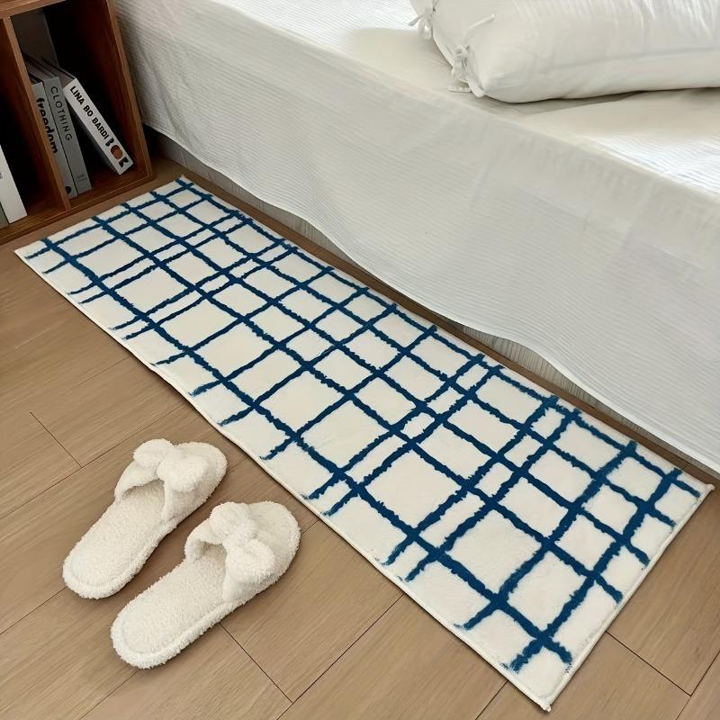 Bedside Carpet for Bedroom Floor Mat Runner Rug Blue Plaid Carpets Fluffy Soft Long Foot Mats Minimalist Home Decoration Rugs