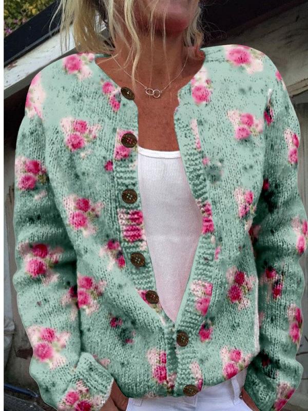 2025 Autumn/Winter Animal Print Round Neck Cardigan Sweater