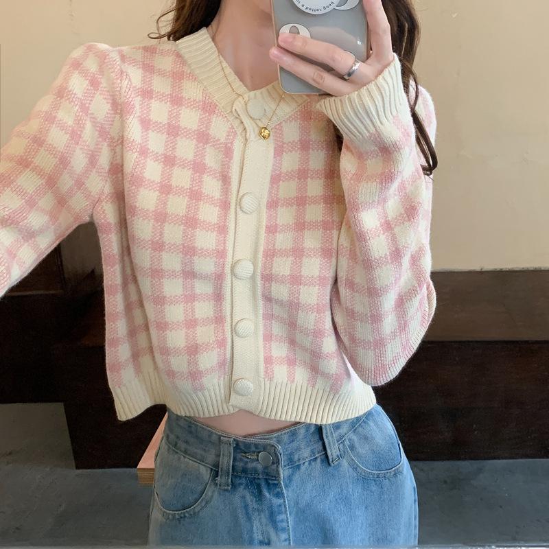 

Клетчатый свитер с длинными рукавами, универсальный облегающий повседневный кардиган, верхняя одежда, короткое пальто Average Size High Elastic розовый
