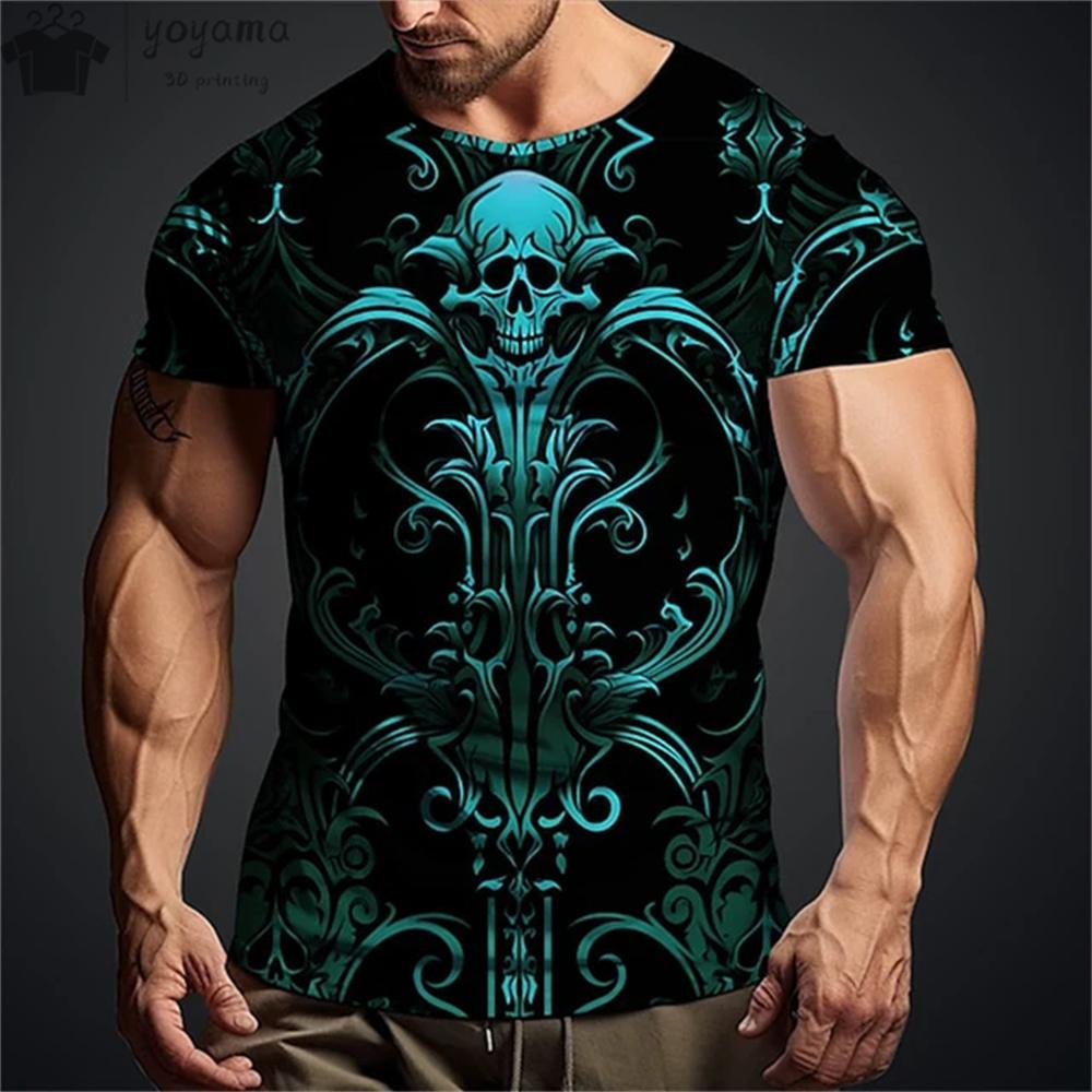 Summer Round Neck 3D Vintage Horror Skull Pattern Print Top Fashionable Casual Short Sleeved Men's T-shirts