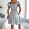 VEZFAA Damenmode Sommer Frühling Blumenmuster Druck Kurzarm Quadratischer Kragen Hohe Taille Freizeitkleider