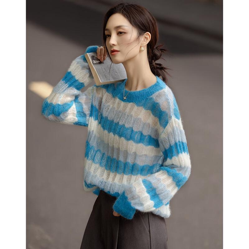 Demana Women's Merino Mohair Blend Hollow-Out Striped Knit Sweater