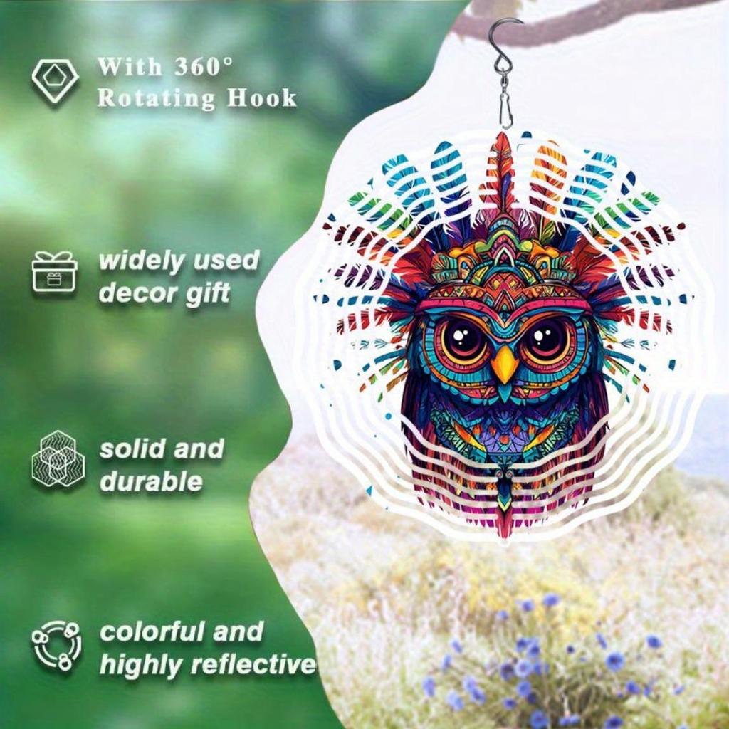 1pc 3D Metal Owl Wind Spinner Mandala Design Outdoor Garden Decor Hanging Ornament No Battery Needed for Patio Yard Home