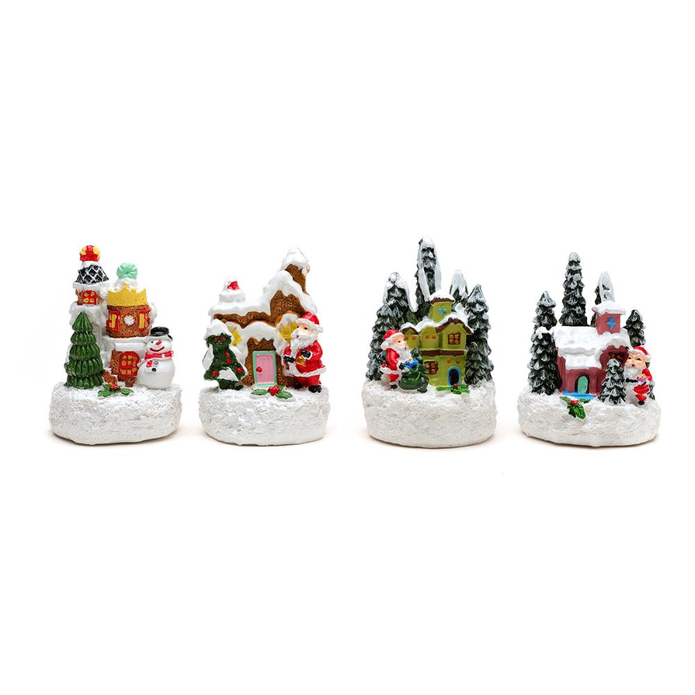 Glowing Christmas Village Resin Ornament Christmas Tree House Building New Year Figurine Sculpture For Home Christmas Decoration