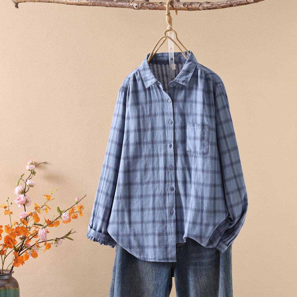 Women's Long Sleeve Japanese Style Plaid Shirt - Double-layer, Skin-friendly, Breathable Pure Cotton