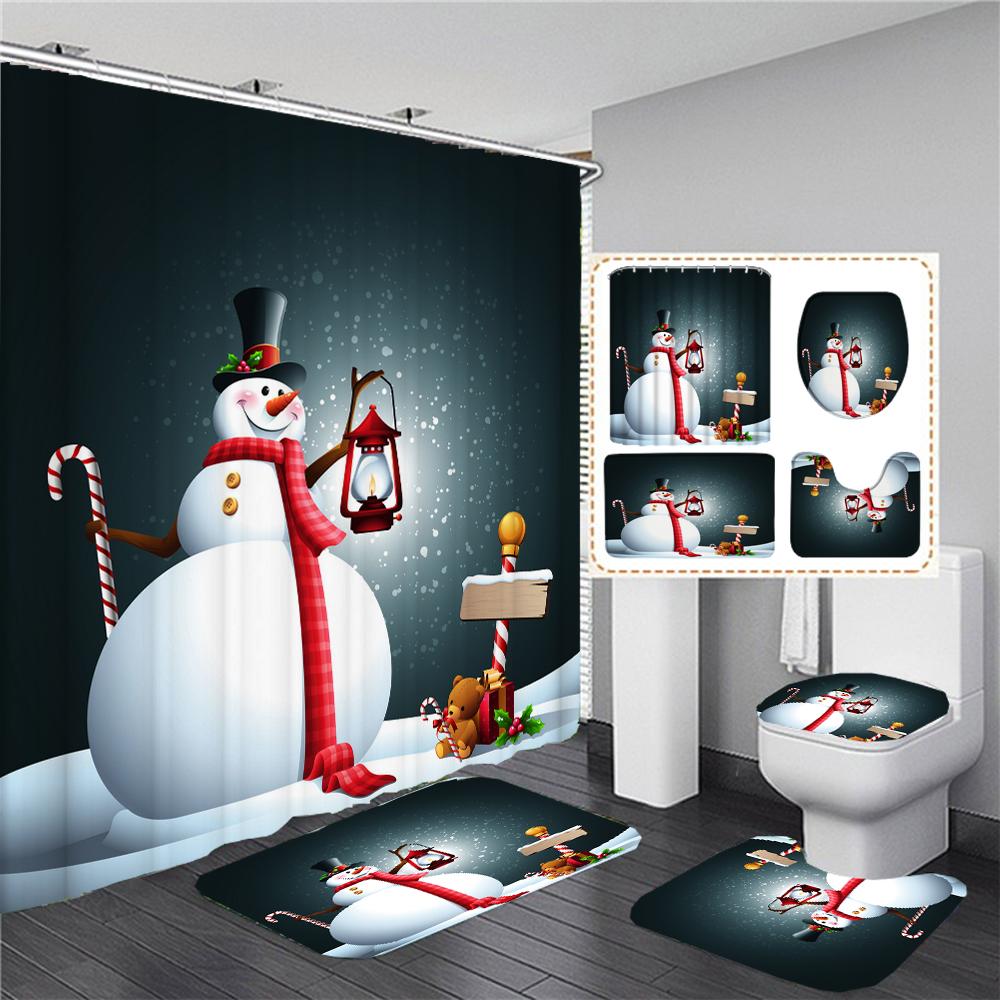 Merry Christmas Shower Curtains Bathroom Curtain Set Santa Snowman Bath Mats Toilet Lid Cover Non-Slip Carpet Home Decor