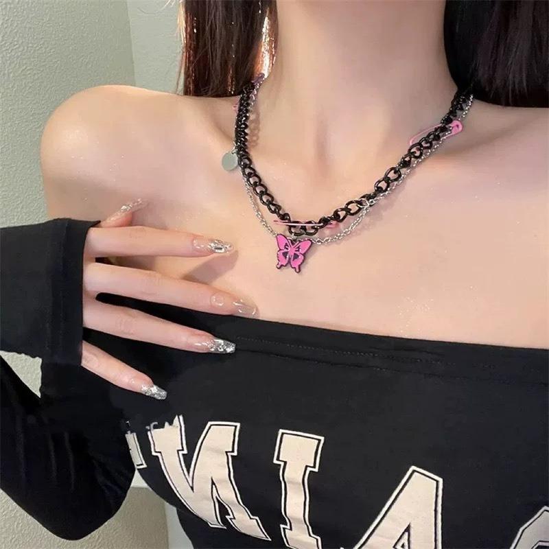 Black Chain Pin Pink Butterfly Necklace Female, Sweet Cool Hip Hop Spice Girl Sweater Chain Niche Accessories