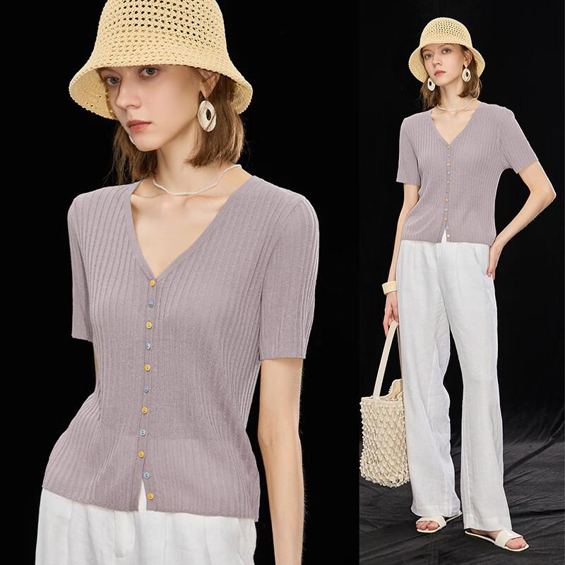 Mistway V-Ausschnitt Strick-T-Shirt aus Tencel-Leinen-Mischung