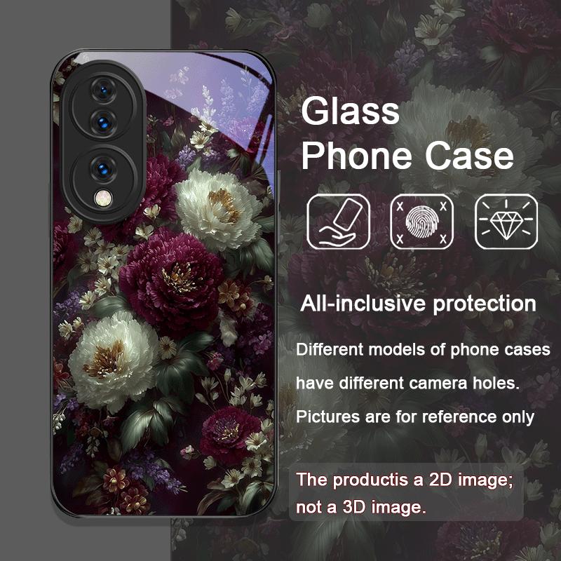 Elegant Floral Vintage Flower Pattern Tempered Glass Phone Case for Huawei Honor 200 Lite 100 Pro 90 80 GT Magic 7 6 X8 X9 Cover