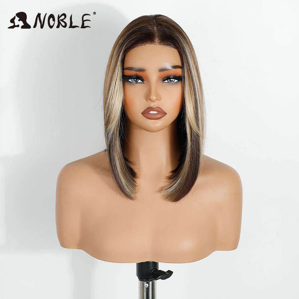 Noble Synthetic Lace Front Wigs For Women 12 Inch Cosplay Short Bob Lace Wig With Bangs Pre Plucked Pre-Cut White Lace Wig