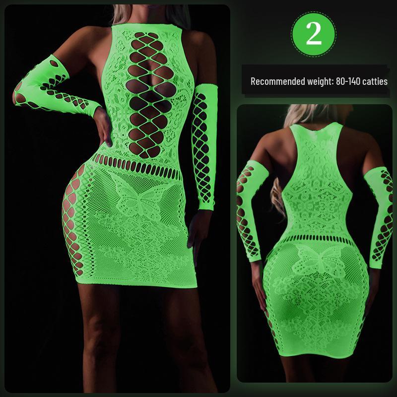 Glow-in-the-Dark Sexy Fishnet Bodysuit with Fluorescent Bandeau and Plus Size Glowing Stockings