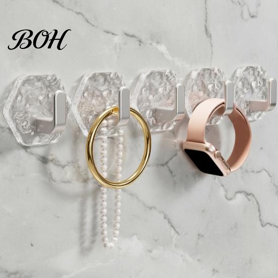 Acrylic Hexagon Hooks Adhesive Hooks, Hexagonal Wave Shape, No Drilling Easy Dorm Room Wall Installation Hook, Modern Style Clear for Bathroom Kitchen