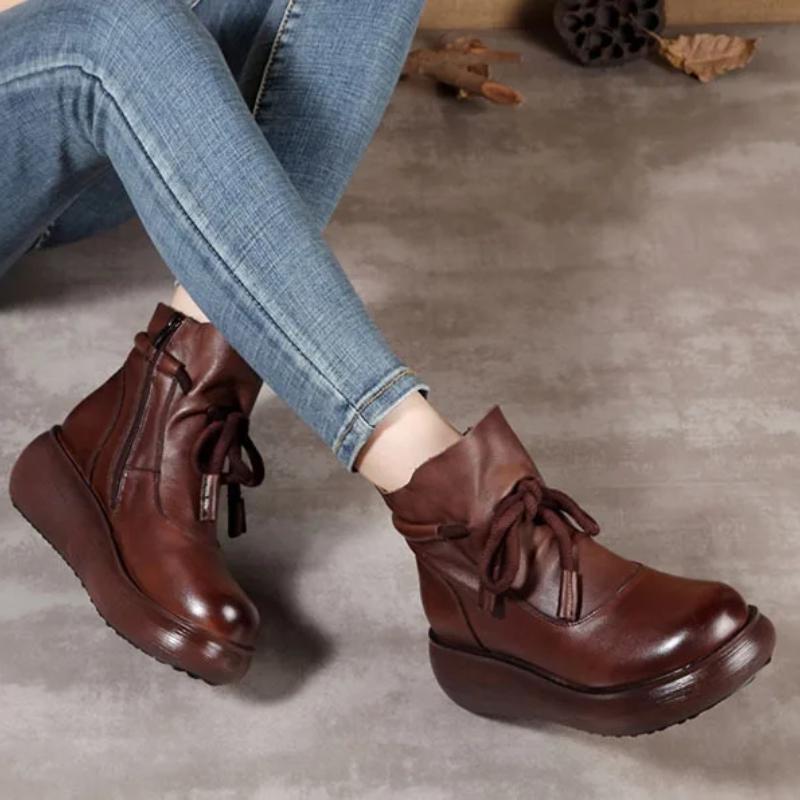 Johnature Genuine Leather Thick Soled Women's Wedges Short Boots Vintage Women's Platform Shoes