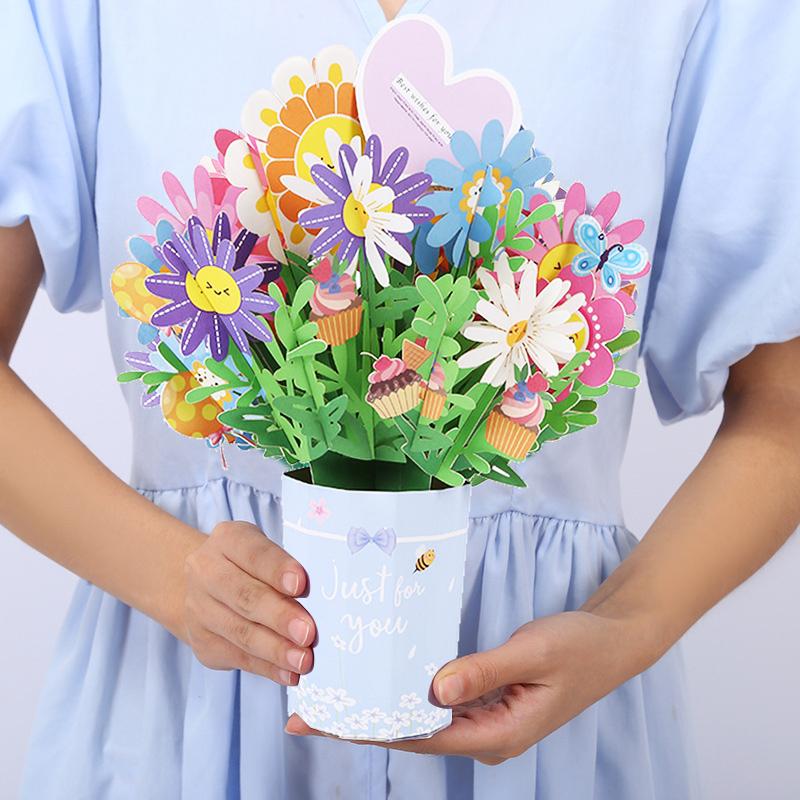 Premium 3D Pop Up Flower Bouquet Card Mothers Day Present Valentines Day Anniversary Birthday Greeting Cards Thank You Wishes Gifts