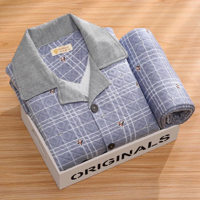Men's Cotton Plaid Pajamas - Long-Sleeved Cardigan, Lapel, Plus Size, Perfect for Autumn and Winter.