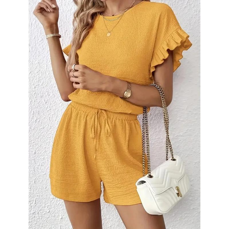 Women's Vacation Fashion Casual Shorts Suit Solid Summer Shorts and Top Two Piece Sets Fashion Fold Texture Outfit Woman Clothes