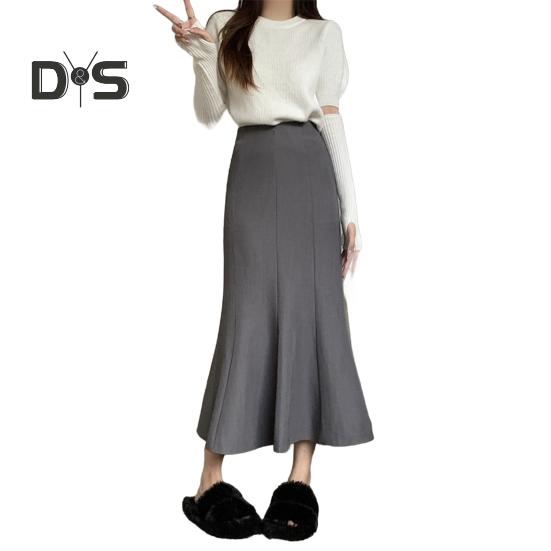 

Юбка-рыбий хвост, эластичная юбка с высокой талией и оборками, длинная юбка, однотонная, с запахом на бедрах, офисная женская юбка, повседневная одежда L серый