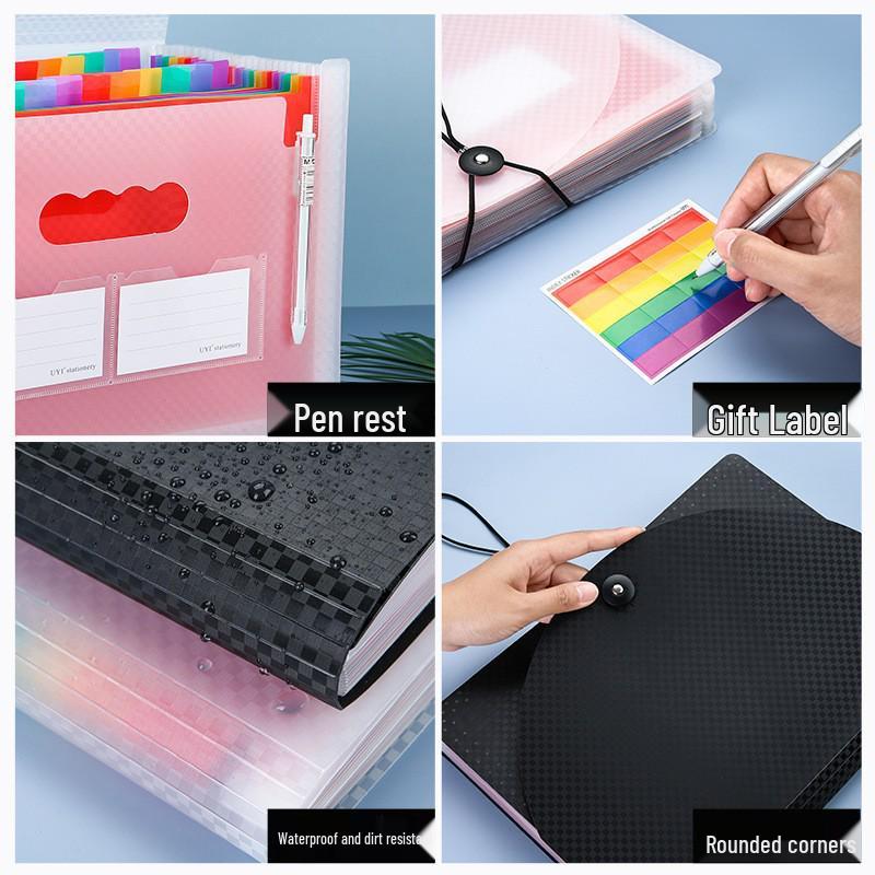 A4 Black Plaid Accordion Bag: Large Capacity, Flip Cover, PP Lanyard, Three-Sided Seal, Stand-Up Design, Rainbow Accordion.