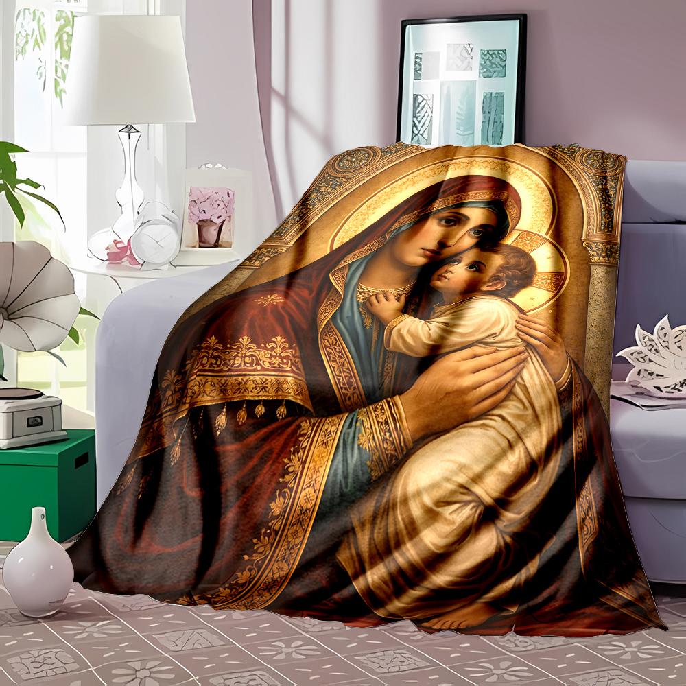 1PC Religious Mother-child Icon Faith-printed Flannel Blanket Soft and Warm Suitable for Home Travel Picnics Camping RV Use