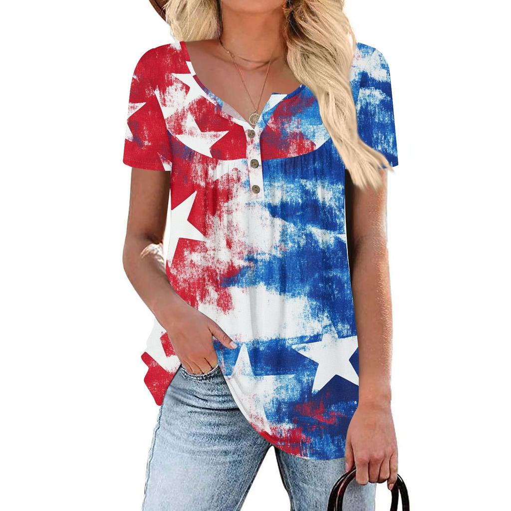 Women Tunic Tops Dressy Casual Summer Short Sleeve Shirts Loose Fit Pleated Boho Top Independence Day