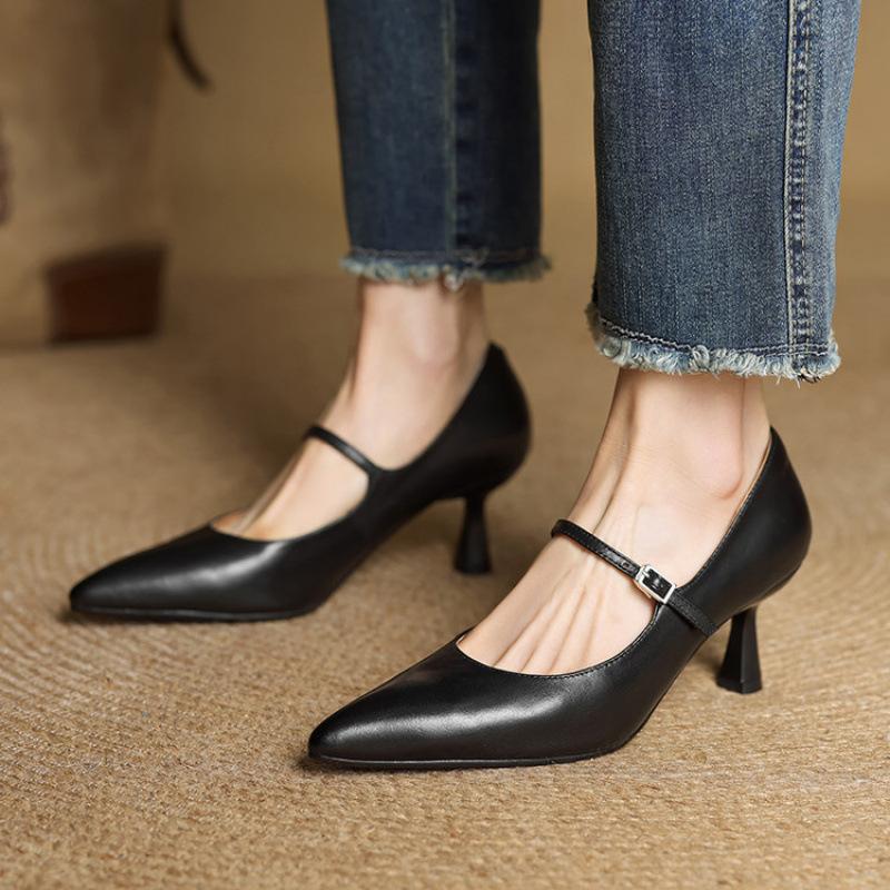 Casual Solid Color Light Mouth Low-top Single Shoes, New Comfortable Pointed Small Leather Shoes, Genuine Leather Large Size Medium Heel Beef T
