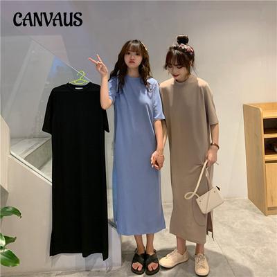 Sommer Casual Lange Knie Split Kurzarm Nachthemd Damen Plus Größe Lose Gerade T-Shirt Kleid