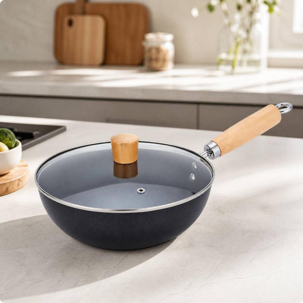 Round Iron Wok Versatile with Glass Lid EasyCare StirFry Pan for Small Household Cooks, Everyday