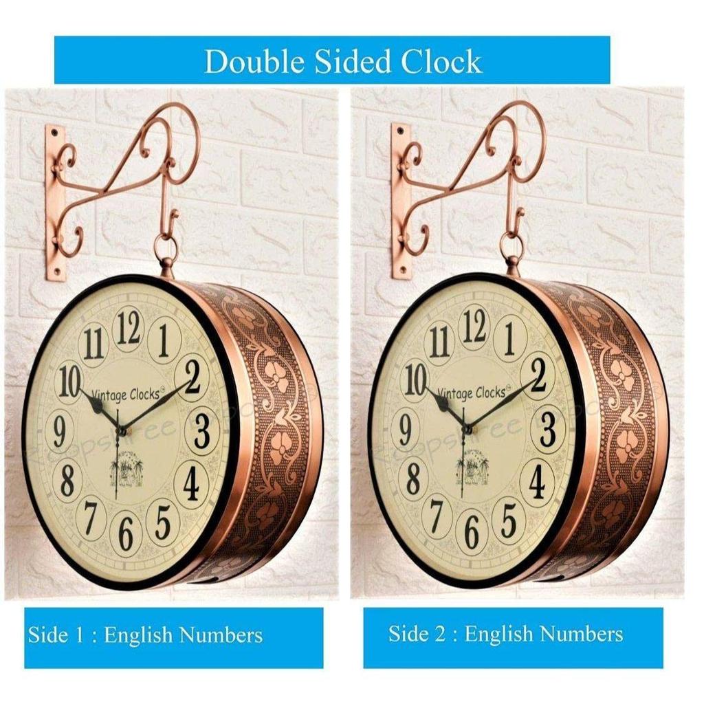 (12 INCH - Two Side English Numbers) Vintage Clock Iron Handcrafted Double Side Clock , Rose Gold Finish, Floral Design