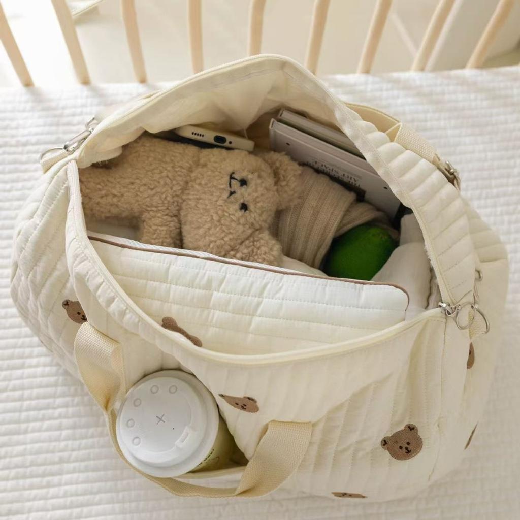Fashion Simple Embroidered Cute Bear Storage Zipper Embroidered Cotton Mommy Baby Stroller Bag Diaper Bag