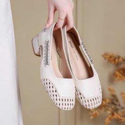 Fashion 2025 Spring and Autumn Woven Sandals Women's New Versatile Hollow Block Heel Single Shoes