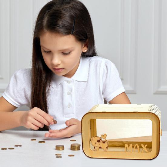 Transparent Wooden Money Box Large Capacity Piggy Bank Coin Cash Container