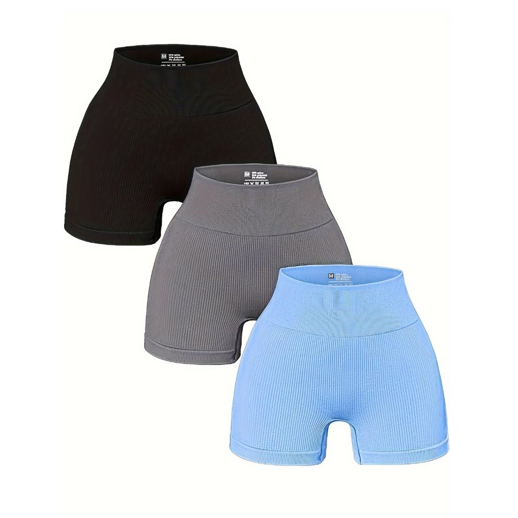 3 Piece High-Waisted Seamless Rib-Knit Yoga Shorts for Women - Ultra Stretchy, Moisture-Wicking, Quick-Drying, Four-Way Stretch Nylon Blend Fabric